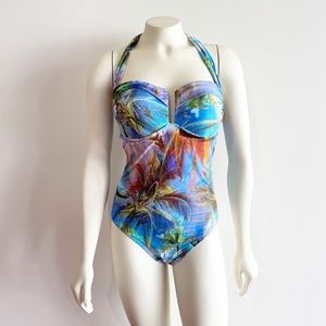 Di Paula Brazil One Piece Swim Suit Palm Print Blue